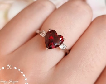 Heart Cut Three Stone Garnet Engagement Ring, 2 carats 8 mm Deep Red Garnet Promise Ring, January Birthstone Gift