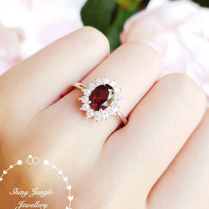 Genuine natural Garnet halo engagement ring, Deep Red Garnet promise ring, white/rose gold plated sterling silver, January Birthstone gift