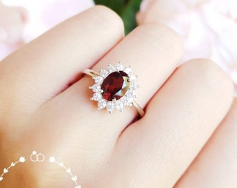 Genuine natural Garnet halo engagement ring, Deep Red Garnet promise ring, white/rose gold plated sterling silver, January Birthstone gift