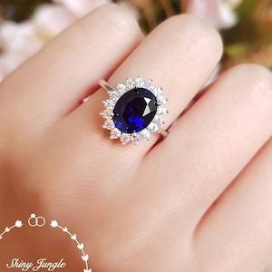 Anillo de zafiro con halo de 3 quilates, anillo de compromiso con zafiro azul real cultivado en laboratorio, anillo de la princesa Diana, anillo de promesa con la piedra de nacimiento de septiembre.