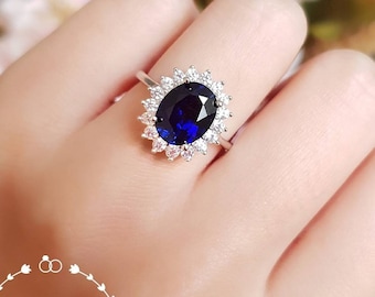 3 Carats Halo Sapphire Ring, Genuine Lab Grown Royal Blue Sapphire Engagement Ring, Princess Diana Ring, September Birthstone Promise Ring