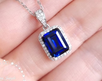 Emerald cut Genuine Lab Grown Sapphire Halo Necklace, 3 Carats Royal Blue Sapphire Pendant, September Birthstone