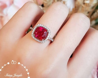 Cushion cut halo design genuine lab grown ruby engagement ring, July birthstone promise ring, white gold plated silver, square ruby ring