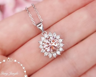 Flower Halo Morganite necklace, 2 Carats Round cut 8mm Morganite pendant, Blush Pink Morganite, sterling silver solitaire pink stone pendant