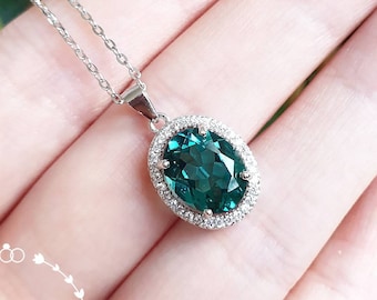 Modern Halo Indicolite Tourmaline Pendant, Oval 3 Carats Teal Green Tourmaline Necklace, October Birthstone
