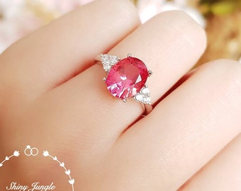 Rare Genuine Lab Grown Padparadscha Sapphire Engagement Ring, Oval 8*10 Sunset Orangy Pink Sapphire Three Stone ring, September Birthstone