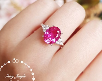 3 carats Genuine Lab Grown Oval Cut Pink Sapphire Three Stone Engagement Ring, Hot Pink Gem Promise ring, September Birthstone Promise Ring