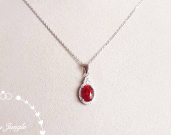 Three stone halo design genuine lab grown ruby necklace, July birthstone pendant gift, white gold plated sterling silver, bridal necklace