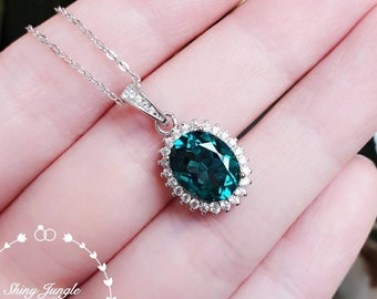 Halo Indicolite tourmaline pendant, oval 3ct green tourmaline necklace with chain, teal blue gemstone pendant, October birthstone pendant