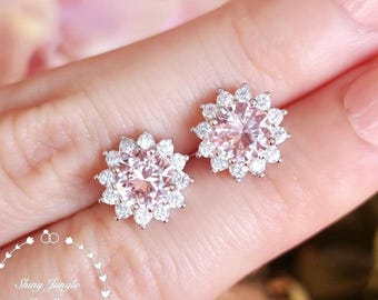 Flower Halo Morganite Earrings, 1 Carat 6mm Morganite Studs, Pastel Pink Bridal Earrings