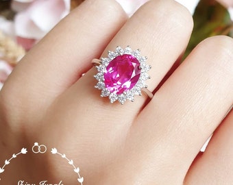 Oval Pink Sapphire Princess Diana Ring, Genuine Lab Grown Hot Pink Sapphire Royal Halo Engagement Ring, September Birthstone Promise Ring