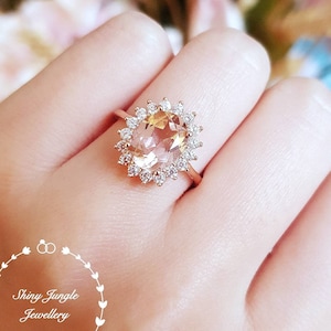 Diana Halo Oval Morganite Engagement Ring, 3 Carats 8*10 mm Halo Morganite Promise Ring, Peachy Pink Gemstone Ring