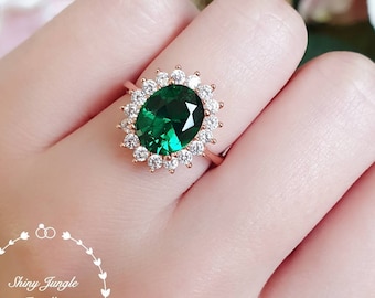 Halo Emerald Engagement Ring, 3 Carats 8*10 mm Oval Cut Emerald Ring, Royal Halo Design Green Gemstone Promise ring, May Birthstone Gift