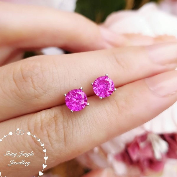 1 carat Hot Pink Genuine Lab Grown Sapphire Stud Earrings, 6*6 mm Round Pink Sapphire Earrings, Simple Bridal Earrings, Minimalist Earrings