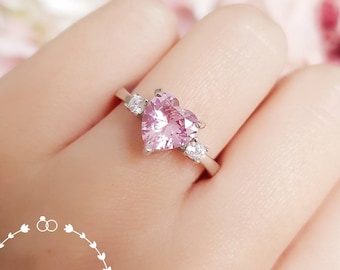Heart Shaped Pink Diamond ring, Three Stone Vivid Pink Diamond Simulant Engagement Ring, Sterling Silver Promise Ring, Pink Heart Ring