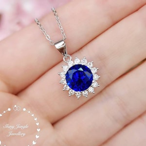 Flower Halo Sapphire Necklace, 2 carats 8 mm Round Cut Genuine Lab Grown Royal Blue Sapphire Halo Pendant, September Birthstone Gift