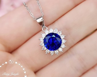 Flower Halo Sapphire Necklace, 2 carats 8 mm Round Cut Genuine Lab Grown Royal Blue Sapphire Halo Pendant, September Birthstone Gift