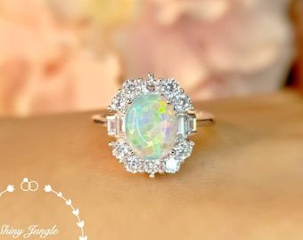 Art Deco Halo Opal Engagement ring, 7*9 mm Oval white opal Cabochon Promise Ring with Rectangular Diamond Simulant Halo, October Birthstone