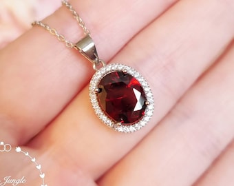 Modern Halo Oval Garnet Necklace, 3 carats 8*10 mm Oval Cut Garnet Pendant with Micro Pavé setting, January Birthstone Gift