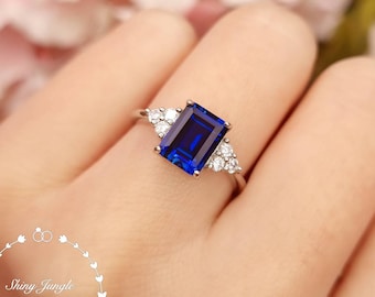 Three Stone Emerald Cut Sapphire Engagement Ring, 2 Carats 6*8 mm Rectangular Genuine Lab Grown Sapphire Promise Ring, September Birthstone