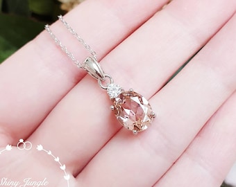 3 Carats Oval Cut Elongated Morganite Necklace, 8*10 mm Oval Morganite Drop Pendant, Morganite Bridal Necklace, Light Peachy Pink Morganite