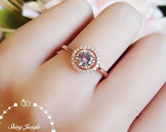 Classic 1 carat Round Morganite Halo Engagement Ring, brilliant cut Morganite promise ring,  white/rose gold plated sterling silver