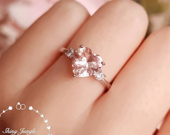 Heart Cut Morganite Engagement Ring, 2 carats Morganite Trilogy Ring, Peach Pink Gemstone Ring