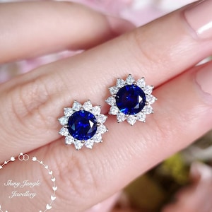 Flower Halo Genuine Lab Grown Royal Blue Sapphire Stud Earrings, 1 Carat Round Halo Sapphire Earrings, Blue Bridal Earrings