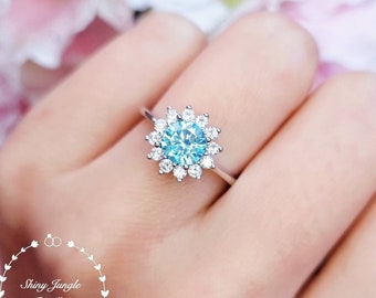 Flower Halo Swiss Blue Topaz Engagement Ring, Delicate Halo 1 Carat 6 mm Round Topaz Promise Ring, Sky Blue Topaz Ring, December Birthstone