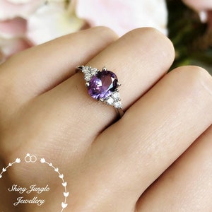 Alexandrite Ring, Oval Three Stone Style Alexandrite Engagement Ring, June Birthstone Promise ring, Colour Changing Purple Gemstone Ring