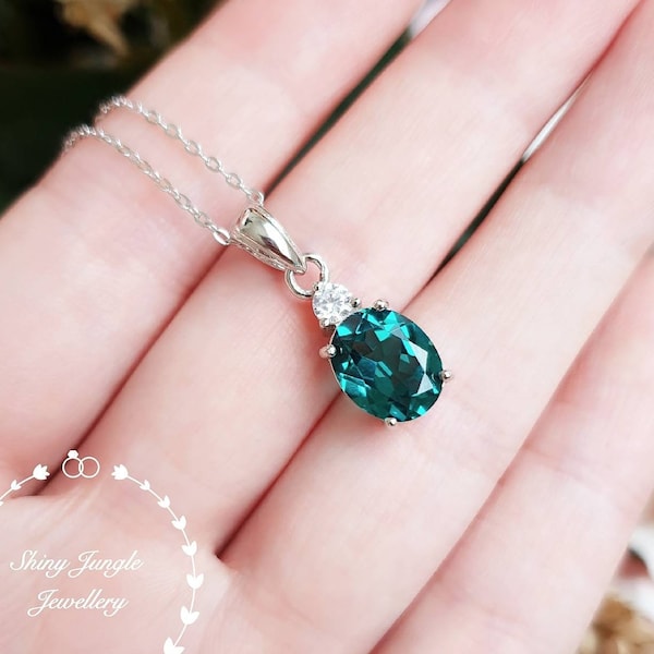 Oval Indicolite tourmaline pendant, 3ct green tourmaline necklace with chain, teal blue gemstone pendant, October birthstone pendant