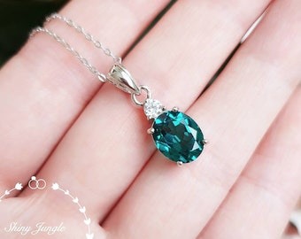 Oval Indicolite tourmaline pendant, 3ct green tourmaline necklace with chain, teal blue gemstone pendant, October birthstone pendant