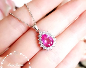 Halo Pear Shaped Genuine Lab Grown Pink Sapphire Necklace, Pear Cut Teardrop Hot Pink Sapphire Pendant, September Birthstone Gift