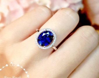 Modern Halo Genuine Lab Grown Sapphire Engagement Ring, 3 carats 8*10 mm oval Royal Blue Sapphire Promise Ring, September Birthstone Gift