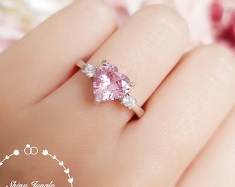 Heart Shaped Pink Diamond ring, Three Stone Vivid Pink Diamond Simulant Engagement Ring, Sterling Silver Promise Ring, Pink Heart Ring