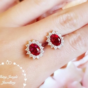 Pigeons blood oval genuine Lab Grown Ruby Stud Earrings, halo ruby earrings, cluster earrings, red bridal earrings, classic vintage design
