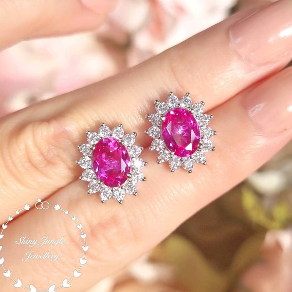 Genuine Lab Grown Pink Sapphire Stud Earrings, Halo Hot Pink Sapphire earrings, Bridal Earrings, Oval Sapphire Earrings, Cluster earrings