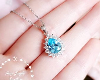 Teardrop Topaz Pendant, halo design 2 carats 7×9mm pear cut Swiss Blue topaz necklace with chain, December birthstone, Bridal Pendant