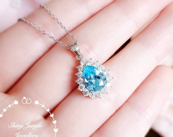 Teardrop Topaz Pendant, halo design 2 carats 7×9mm pear cut Swiss Blue topaz necklace with chain, December birthstone, Bridal Pendant