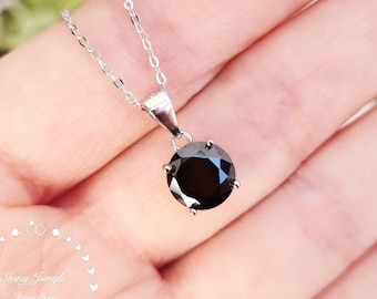 Black Spinel Round Solitaire Necklace, 2 Carats 8mm Opaque Black Spinel Pendant with Chain, Black Stone Necklace, Minimal Gothic Necklace