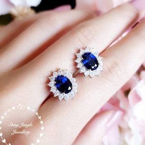 Genuine lab grown Royal Blue sapphire stud earrings, Halo sapphire earrings, blue bridal earrings, oval sapphire earrings, cluster earrings