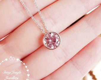 Round Morganite necklace, 2 carats pastel pink morganite pendant with silver chain, bezel set solitaire necklace, pink stone pendant