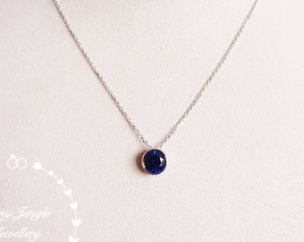 Simple Bezel Set Round Genuine Lab Grown Sapphire Pendant, 2 Carats Royal Blue Sapphire Solitaire Necklace, September Birthstone Gift