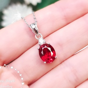 Oval Ruby Solitaire Necklace, 3 Carats Genuine Lab Grown Pigeon's Blood Ruby, July Birthstone Pendant