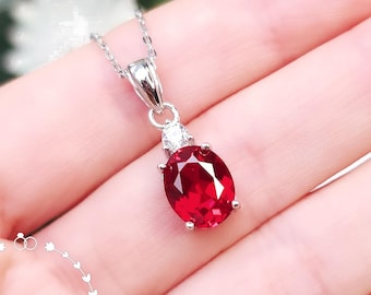 Oval Ruby Solitaire Necklace, 3 Carats Genuine Lab Grown Pigeon's Blood Ruby, July Birthstone Pendant