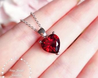 Heart Shaped Garnet Solitaire Necklace, 3 carats 10*10mm Deep Red Heart Cut Garnet Pendant, January Birthstone Gift, Valentines Gift For Her