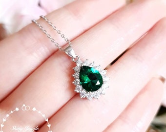 Teardrop Emerald Necklace, Halo Pear shaped Emerald Pendant, May Birthstone Gift, Pear Cut Green Gemstone Pendant, Bridal Necklace