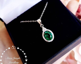 Oval emerald Necklace, 2 Carats 6*8 mm Oval Cut Three Stone Halo Emerald Pendant with Chain, May Birthstone Gift, Green Gemstone Necklace