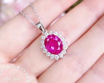 Genuine Lab Grown Pink Sapphire Royal Halo Necklace, 3 Carats 8*10 Oval Hot Pink Sapphire Princess Diana Pendant, September Birthstone Gift