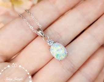 Oval Cabochon White Fire Opal Necklace, 3 carats 8*10 mm Oval Opal Pendant with one Diamond Simulant, October Birthstone Necklace Gift